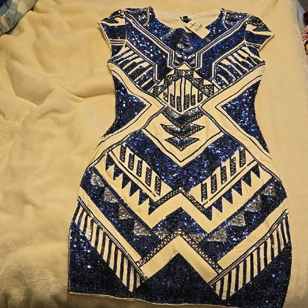Blue and Silver Sequin Bodycon Mini Dress